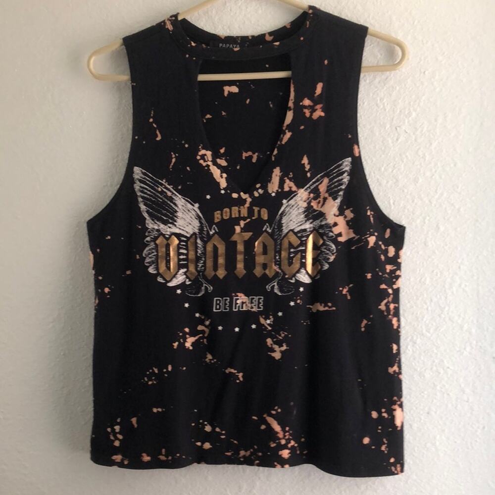 VINTAGE Black & Metallic Muscle Shirt Tank Keyhole ROCK BAND Z M